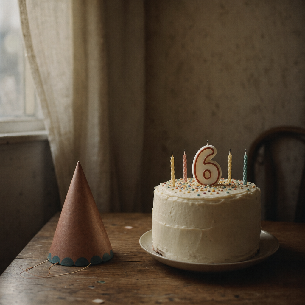 A small untouched birthday cake with unlit number-six candles in soft window light