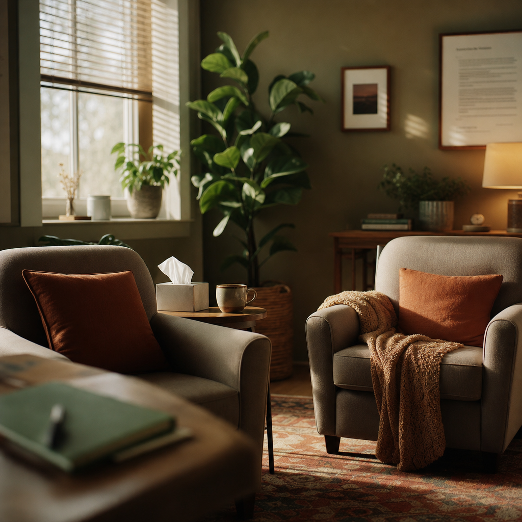 A warm, calm therapy office with two armchairs by a sunlit window
