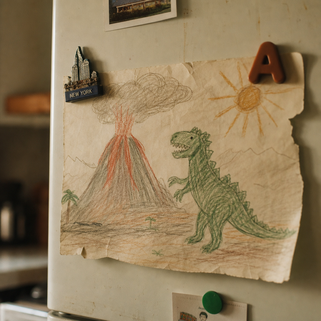A child's crayon drawing of a volcano and a green dinosaur taped to the refrigerator