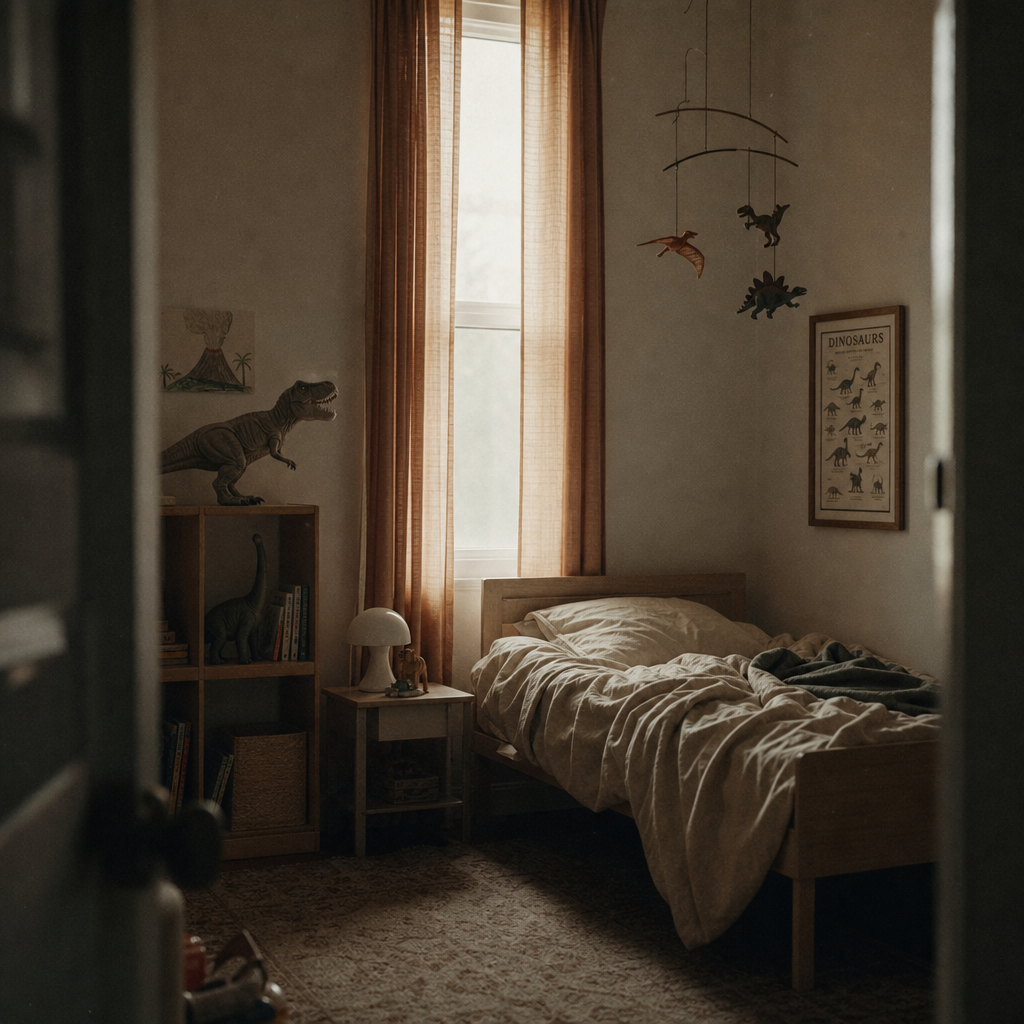 A quiet, still child's bedroom seen through a partly open door