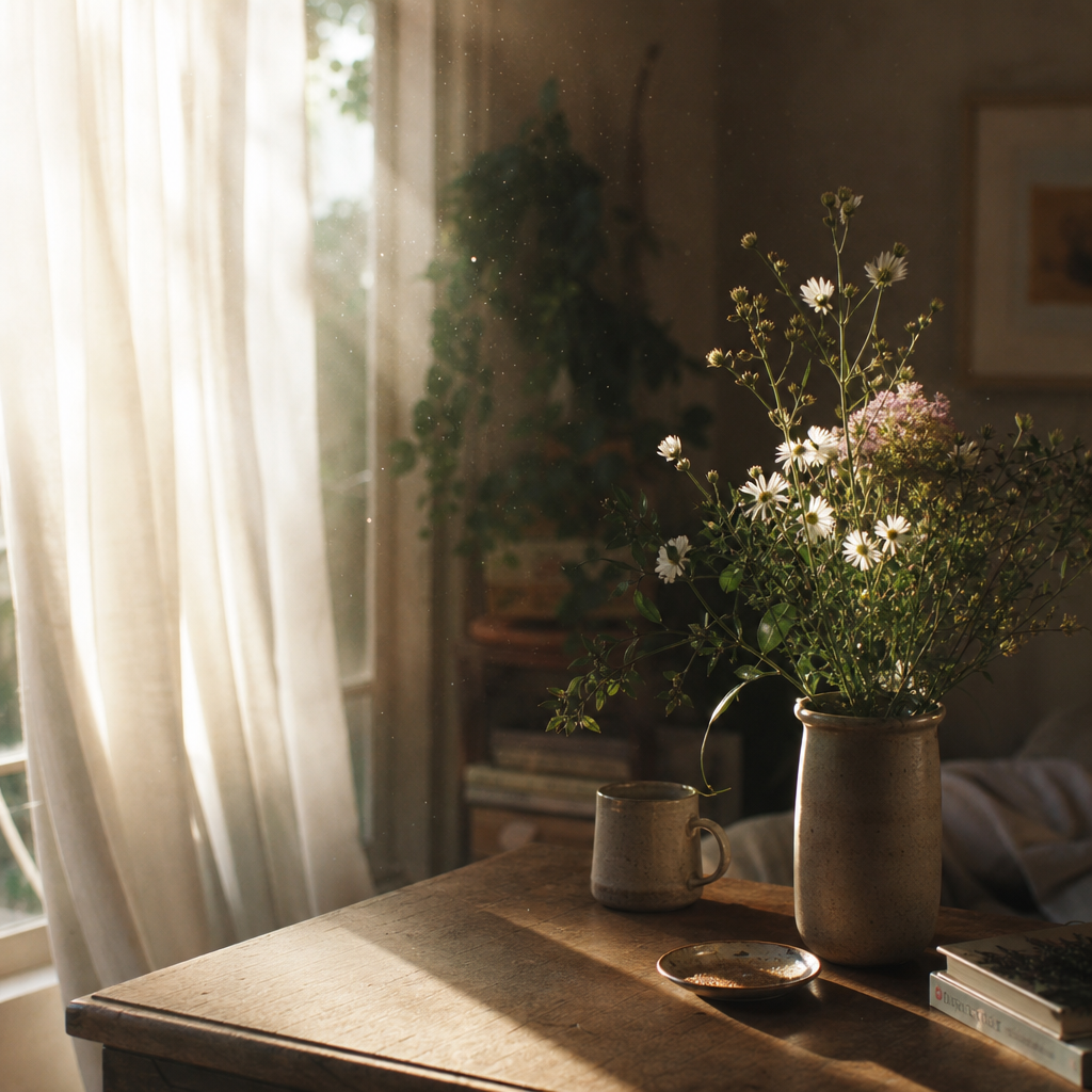 Soft morning light through sheer curtains and a vase of fresh wildflowers