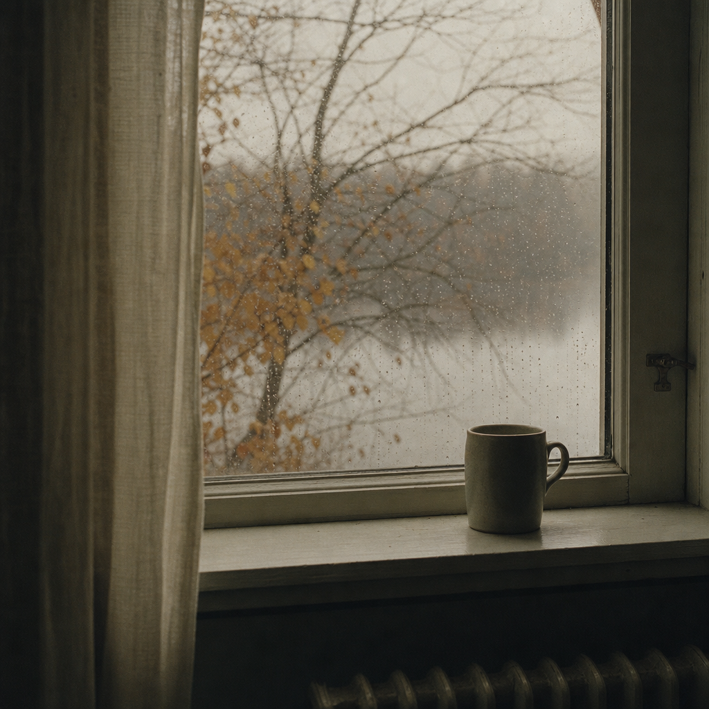 Autumn leaves and bare branches seen through a rain-speckled window